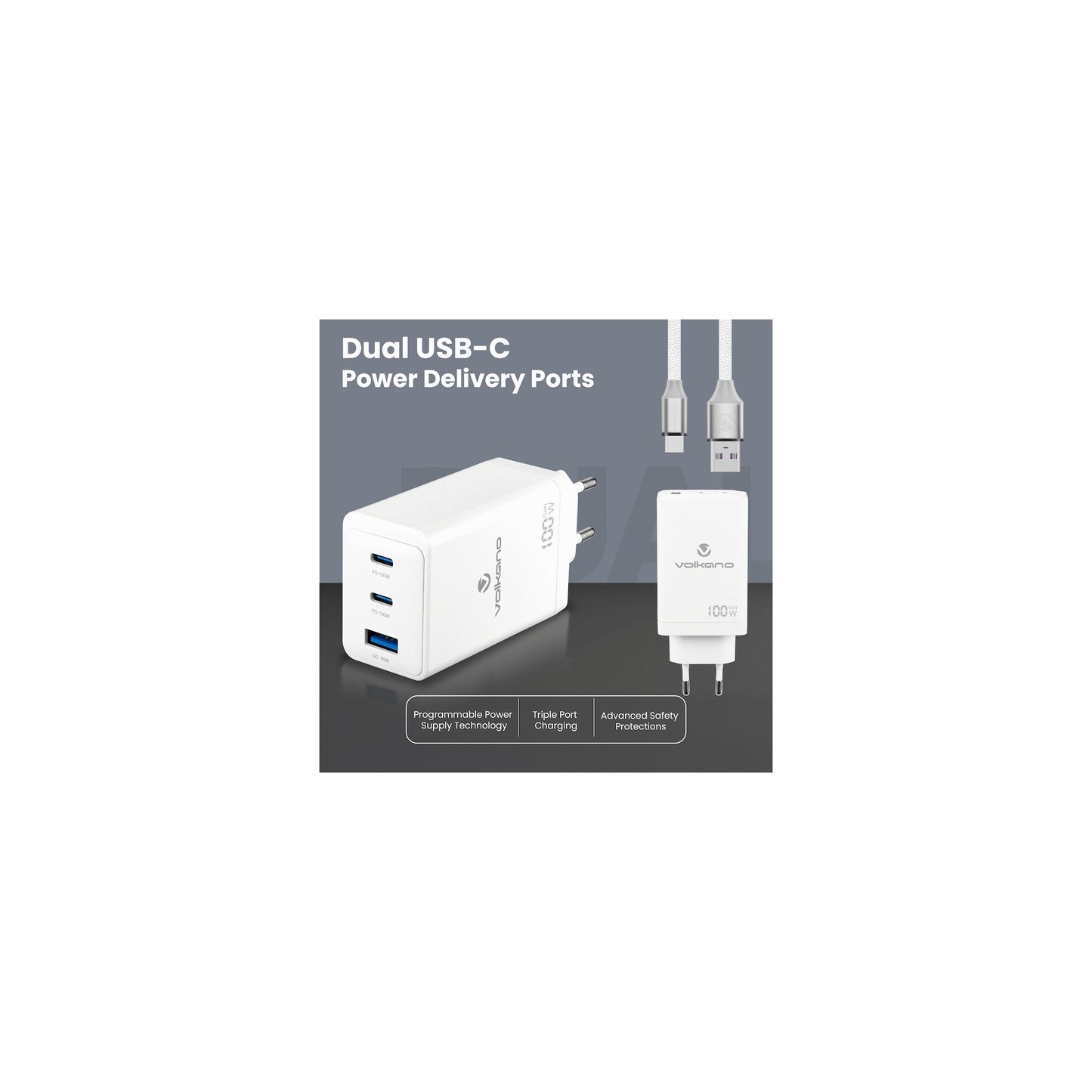 Volkano Wattpro Series Triple Port 100W Gann Wall Charger - White - Everyday Elektronics South Africa