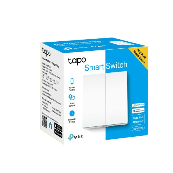 TP-Link Tapo S220 Smart 868mhz Light Switch 2-Gang 1-Way, No Neutral Required